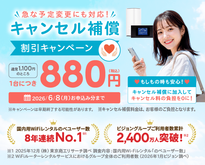 国内用WiFiルーターレンタル利用者数8年連続No.1（2025年12月 東京商工リサーチ調べ）、ビジョングループ累計利用者数2,400万人突破（2026年1月ビジョン調べ）。365日、土日祝日も即日配送。日本主要空港10カ所18カウンターで受取可能なWiFiレンタルどっとこむ。